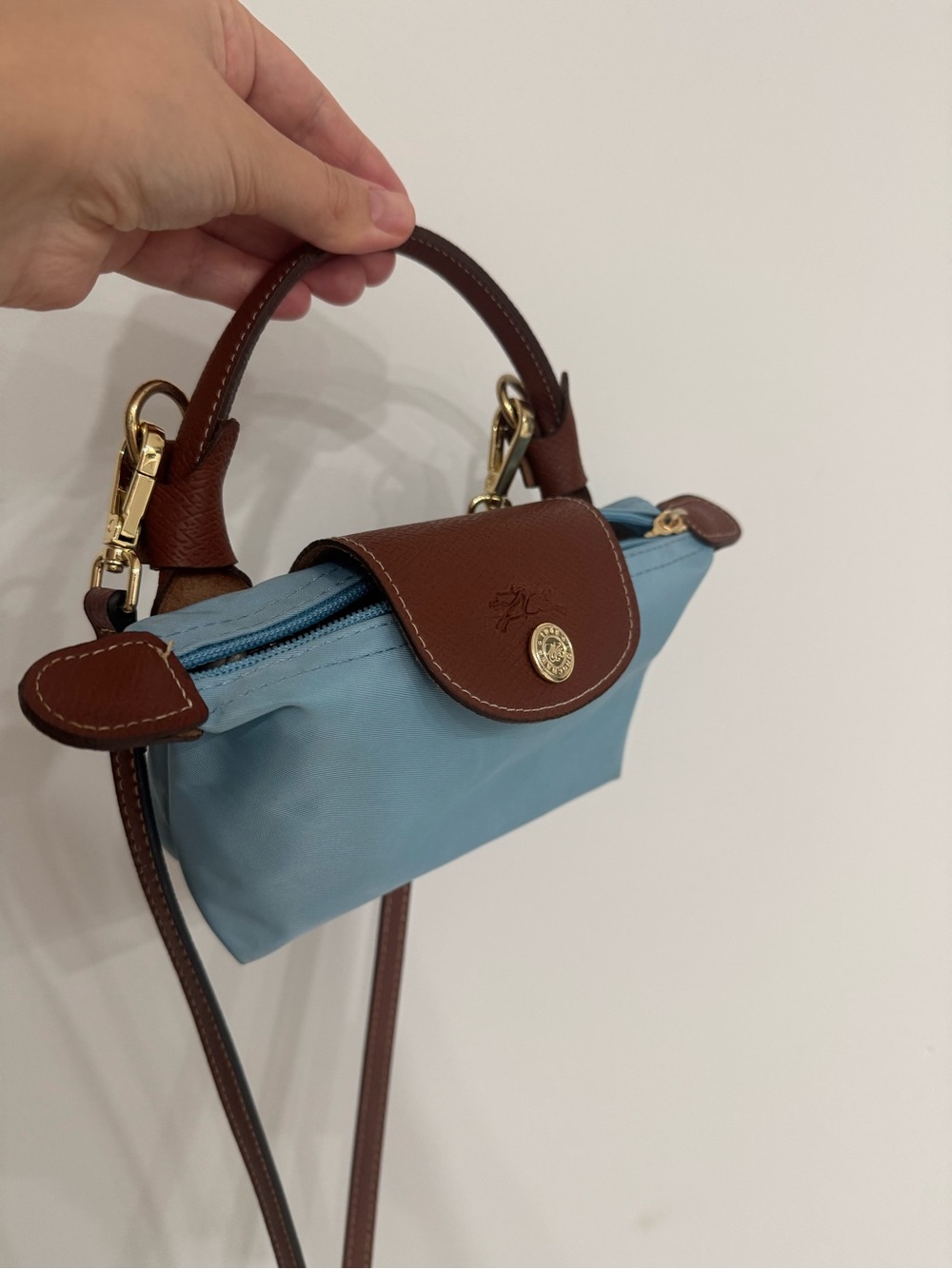 Longchamp Mini Bag in Light Blue with Brown Leather Trim